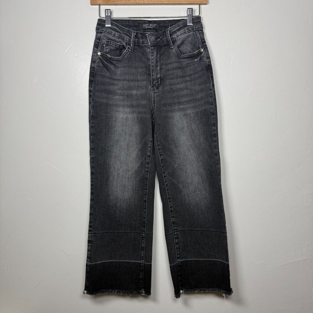 Judy Blue Wide Leg Crop Jeans Black Wash Frayed Hem Size 1/25